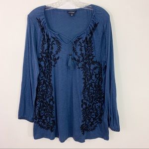 LUCKY BRAND | Blue Embroidered Tie Neck Top Sz. 1x